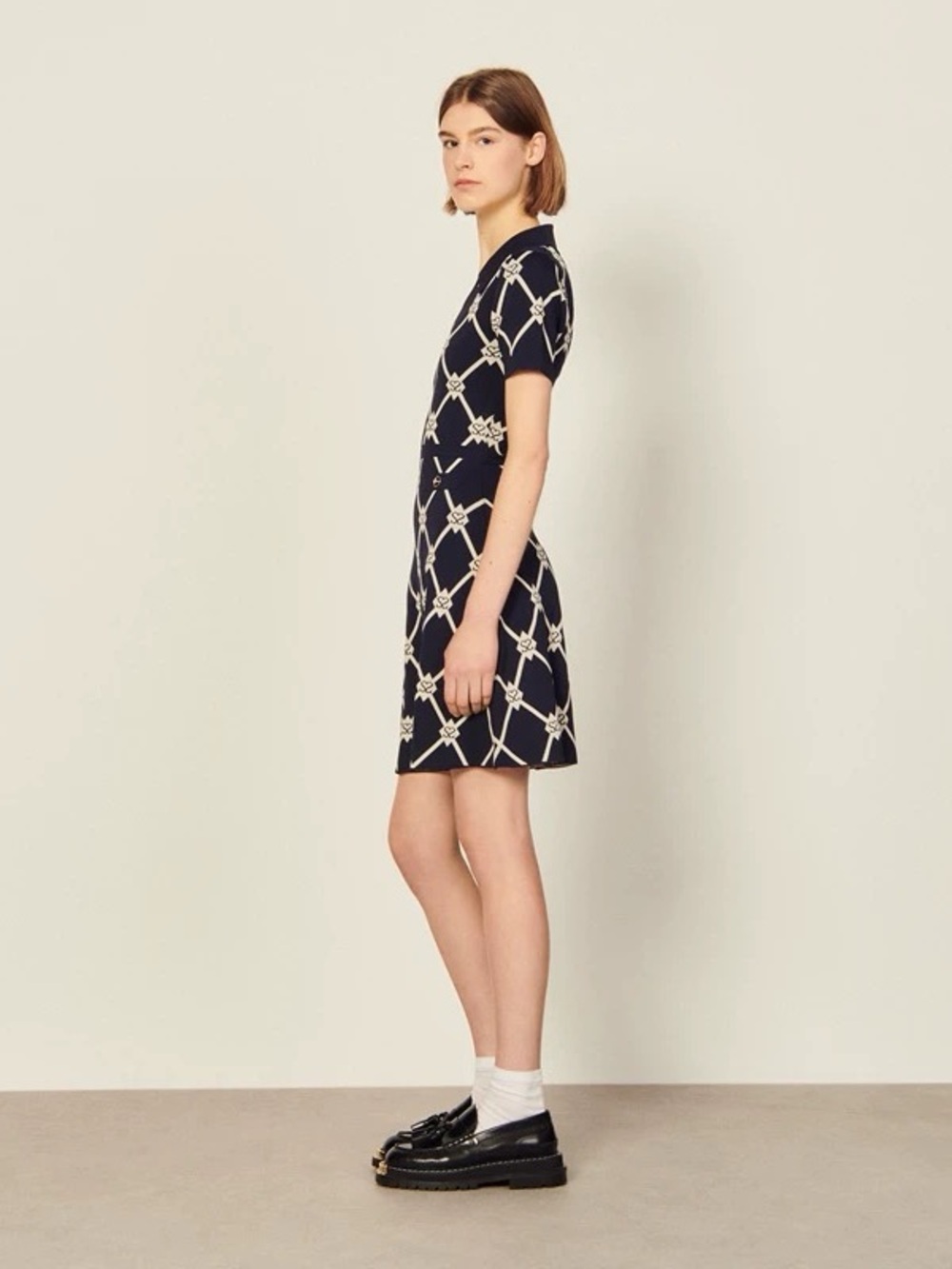Sandro Navy Mini Polo Dress with Ivory Lattice - Picture 4 of 5